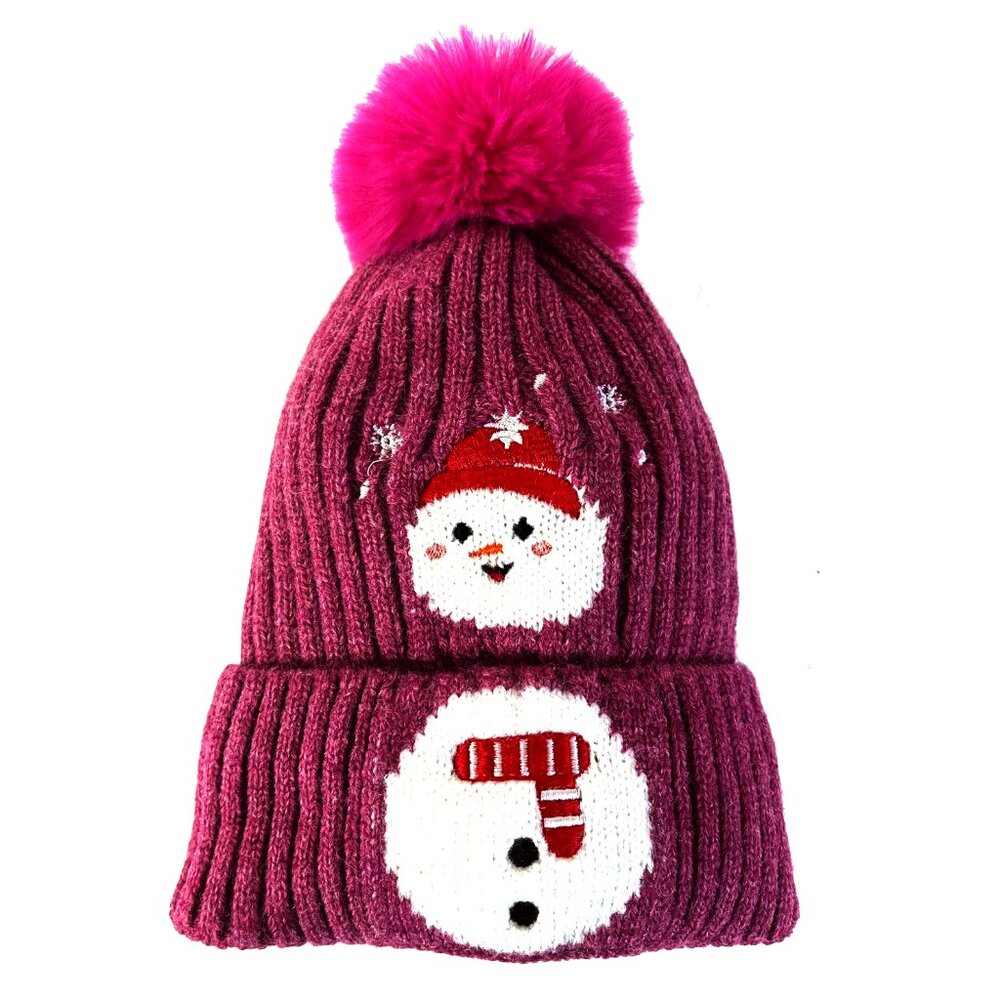 Kids Boys Girls Winter Pom Pom Santa Claus Xmas Holidays Hat Beanie - FUCHSIA